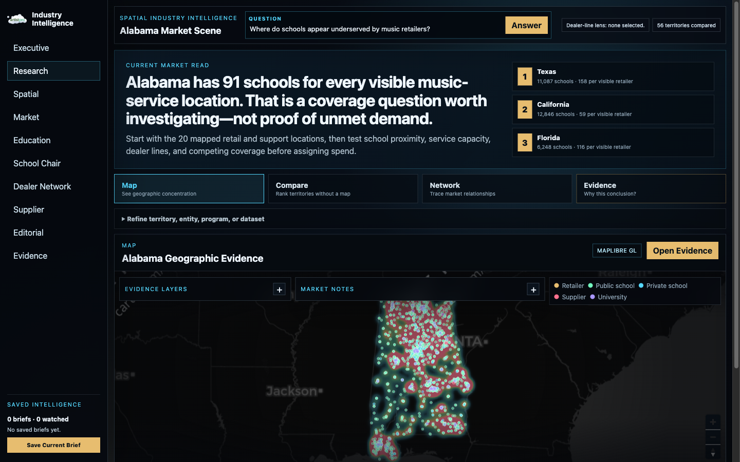 artistpro MediaManager comparing school coverage, music retailers, suppliers, universities and territory evidence on an interactive heatmap